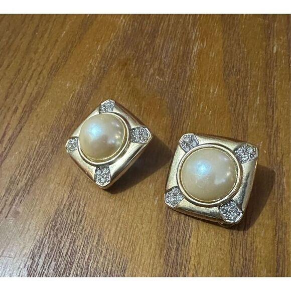 Vintage Premier Designs Two Tone Clip On Faux Pearl Diamond 80s Retro Earrings - Picture 1 of 6